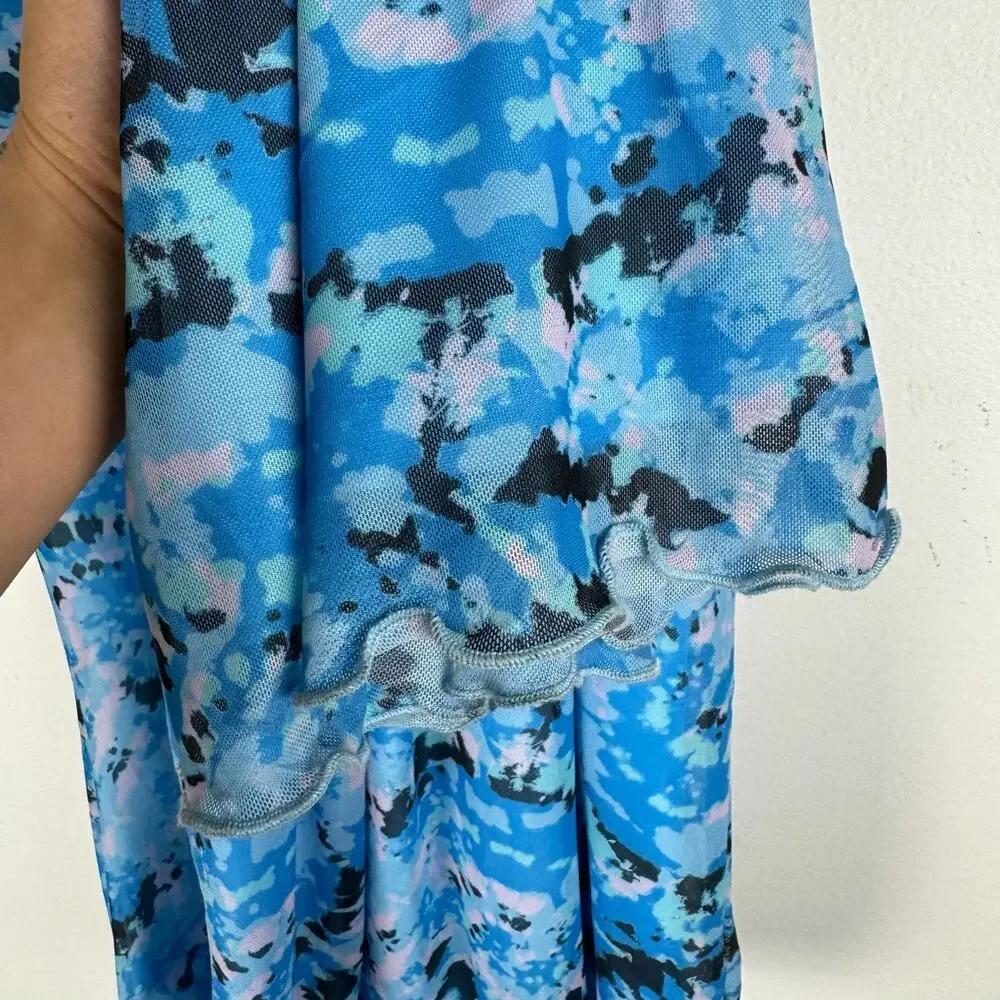 Something New Serena Print Sleeveless Mesh Maxi Dress Malibu Blue Aop Violeta XS